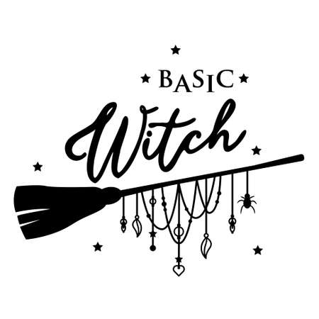 Basic witch Halloween t shirt text design with broom decorated with hanging pendantsのイラスト素材