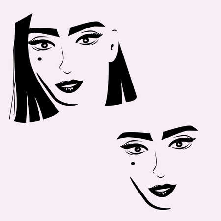 Beautiful girl face with short straight hairstyle isolated on white. Beauty salon icon vector.のイラスト素材
