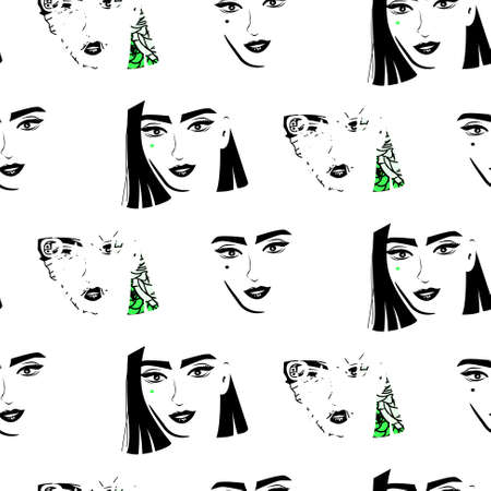 Women art abstract faces glam style in black and white seamless vector patternのイラスト素材
