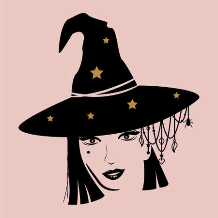 Basic witch Halloween t shirt design with girl in a witchy hat decorated with hanging pendantsのイラスト素材