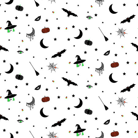 Halloween icons seamless pattern background vector with witchy hat, bats and spider netのイラスト素材