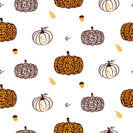 Pumpkin leopard texture fall seasonal background seamless pattern. Autumn pumpkins wrap paper design.のイラスト素材