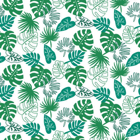 Seamless tropical jungle green pattern background with dense palm leaves.のイラスト素材