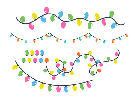 Christmas lights garland and strings isolated on white background flat style set.のイラスト素材