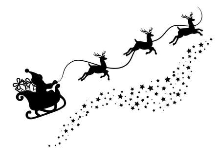 Santa Claus in a sleigh with reindeers black silhouettes for cut templates. Christmas window decoration sticker vector design.のイラスト素材