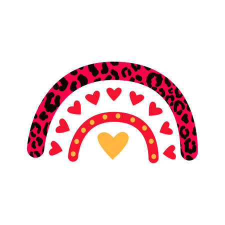 Pink leopard Valentines Day vector rainbow. Cartoon rainbow red heartsのイラスト素材