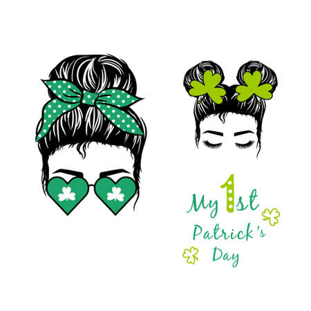 My first St Patrick s Day mom and daughter messy bun vector design. St. Patrick s Day design for baby and for t-shirt design, invitation cards.のイラスト素材