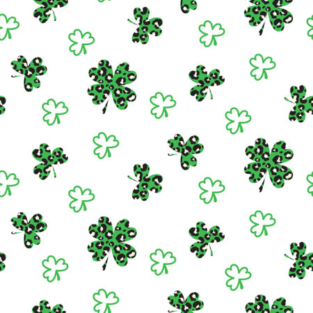 Shamrock leopard green leaf St. Patricks Day seamless pattern. Simple clover leaves on white background.のイラスト素材