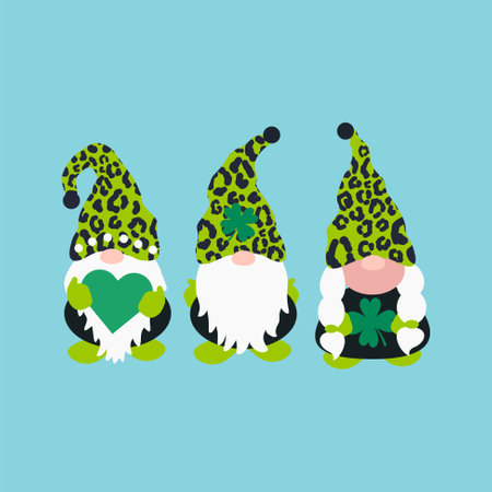 St Patricks day green leprechaun gnomes in leopard green hats. St patricks day Irish gnomes cartoon style.のイラスト素材