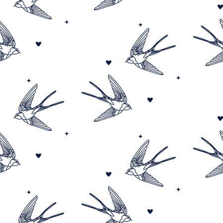 Swallow bird vector pattern. White background and blue vintage martin bird.のイラスト素材