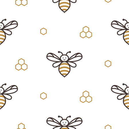 Cute bees white background. Seamless pattern with honey bees and honeycombs for fabric, wrap paper or kids apparel.のイラスト素材
