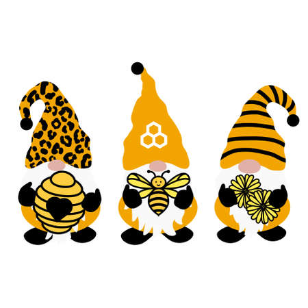 Bumble bee gnomes for spring and summer. Yellow honey gnome cartoon illustration.のイラスト素材