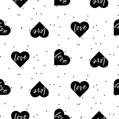 Black heart Love vector seamless dotted texture. Black and white pattern for valentine card design. Love clipart backgroundのイラスト素材