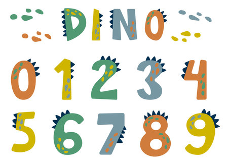 Cartoon comic Dino numbers alphabet on a white background in fun childish style. Bright modern digits illustration for kids, nursery, poster, card, birthday party, packaging paper design, baby t-shirtsのイラスト素材