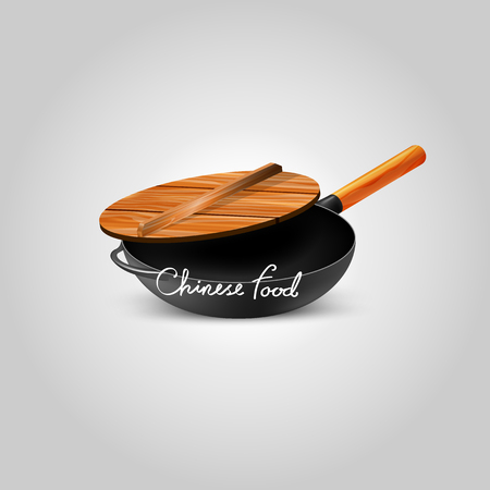 Chinese Iron Pan with wooden pot coverï¼Making Chinese foodのイラスト素材
