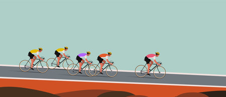 Minimalist Vector Illustration of Cyclists Riding Through Autumn Forestのイラスト素材