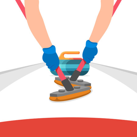 Curling players hands sweeping ice with brooms near moving stone on rink