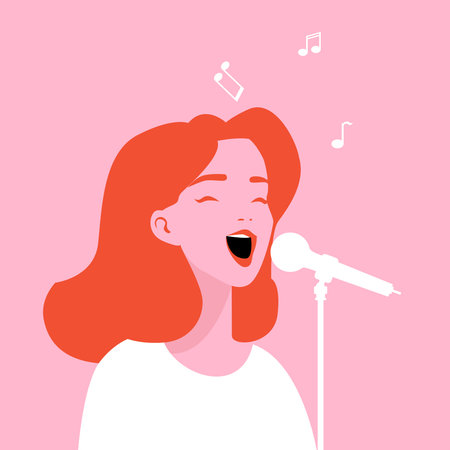 Beautiful woman enraptured singing in front of a microphone, with a minimalist vector style.のイラスト素材