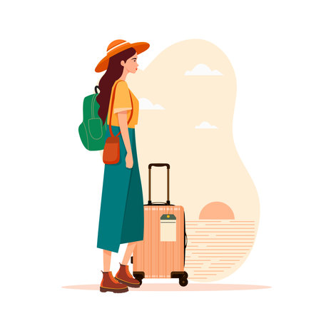 Minimalist flat vector illustration of a young woman traveler with suitcase and backpack, standing against a sunset sea background, boho summer vacation concept.のイラスト素材