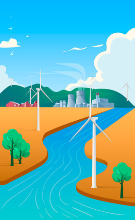 Wind turbines in the field. Renewable energy. Vector illustration.のイラスト素材
