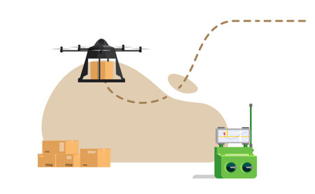 Drone delivering a parcel to a customer. Flat style vector illustration.のイラスト素材