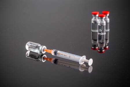 Close up Vaccines and syringe on the tableの写真素材