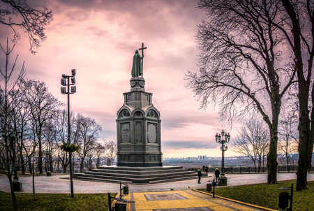 Prince Vladimir statue in a a park in Kyiv, Ukraine in Fall with dramatic skyのeditorial素材