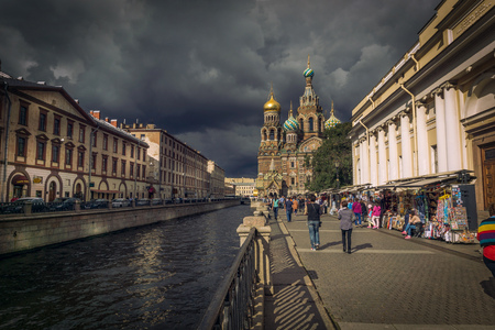 Church on Spilt Blood and Griboyedov Canal in St. Petersburg, Russia. This Church was built on the site where Tsar Alexander II was assassinated and was dedicated in his memory.のeditorial素材