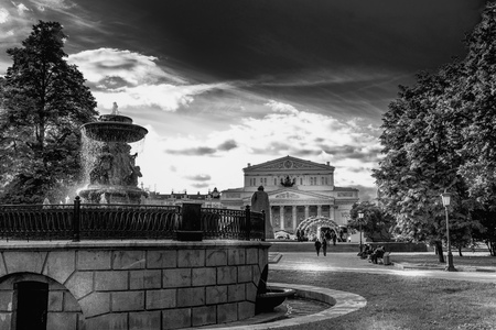 Bolshoi Theater and fountain in Moscow. This popular landmark is presented in black and white.の写真素材