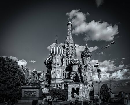 Saint Basils Cathedral in monochrome, Moscow, Russia on summer day with cloudsの写真素材