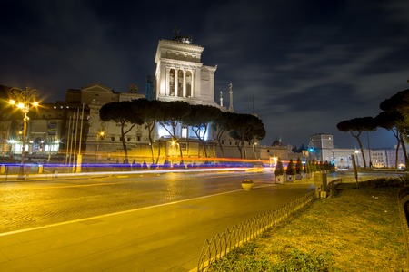 February 2018: side, night exposure of the Vittorio Emanuele II Monument in Rome, Italy.