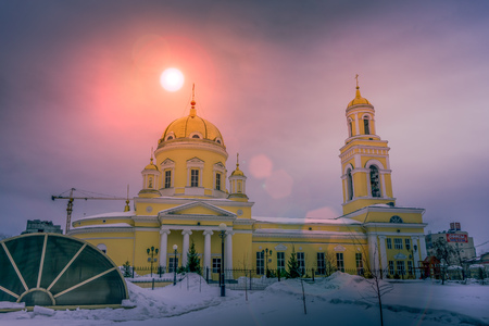 Russian Orthodox cathedral in Siberia, Russia on an overcast sunset eveningの写真素材