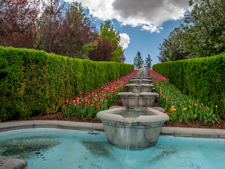 Low-angle view of water flowing through fountains in a park or garden with colorful flowers growing oin the landscapeの写真素材
