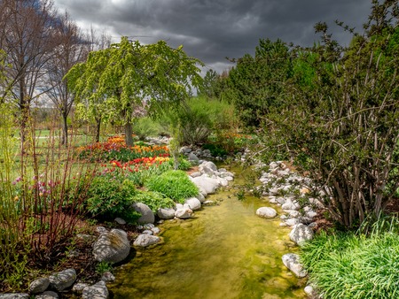 Small stream flowing through a park with flowers and trees all aroundの写真素材