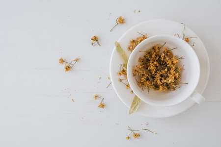 Top view of linden leafs and flowers in the white cup.の写真素材