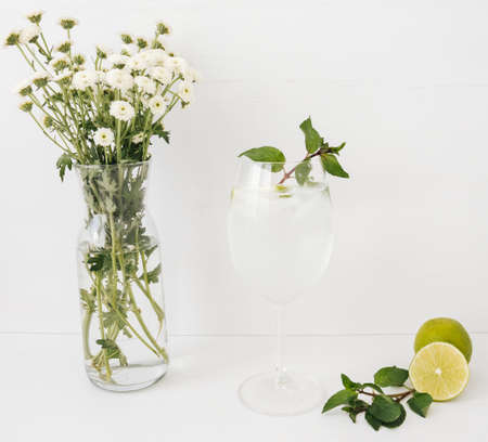 Cocktail with mint and fresh green lime on white background.の写真素材
