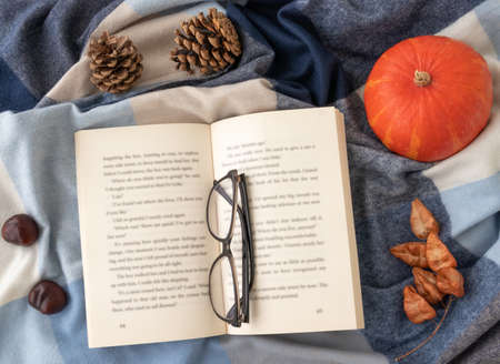 Top view of opened book on soft surface with decorative elements. Autumn concept.の写真素材