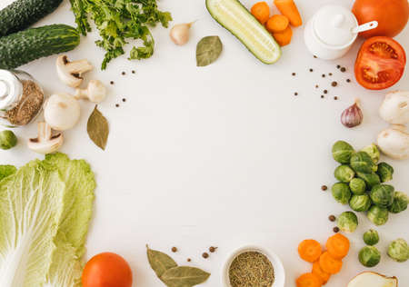 Frame made of vegetables with copy space on the center. Cooking concept.の写真素材