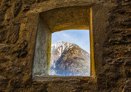 Landscape shot of the Alps between St. Johann and Sand in Taufers in Tirol, Italy in winterの写真素材