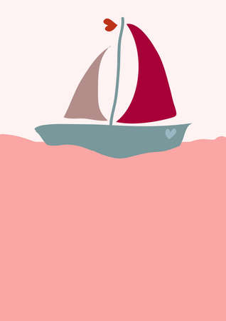 Boat Sailing on Ocean Sea  - Pink Green Themeの写真素材