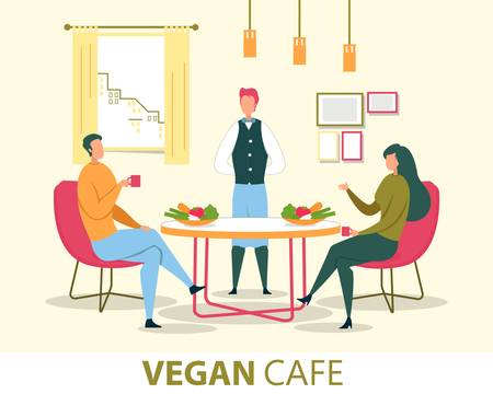 Young Couple Eating Vegetable Salads, Ordering Meals from Organic Products, Resting and Having Conversation in Vegetarian Cafe, Vegan Restaurant, Waiter Waiting for Order Flat Vector Illustrationのイラスト素材