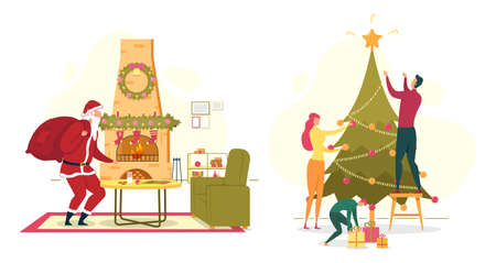 Christmas New Year Set with Santa and Happy Familyのイラスト素材