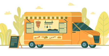 Fast Food Van with Menu Board, Vector Banner.のイラスト素材