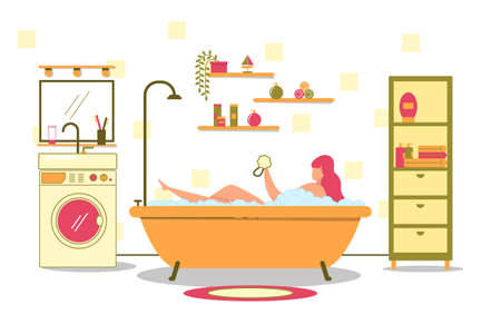Woman Relaxing in Bath with Foam Vector Conceptのイラスト素材