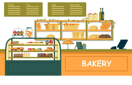 Bright Bakery Showcase with different Pastries.のイラスト素材