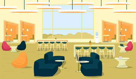 Modern Open Space Design, Cartoon Illustration. Office for Comfortable and Productive Work Large Number Employees. There are Soft Sofas and Bean Bags in Room, High Chairs near Long Conference Tables.のイラスト素材