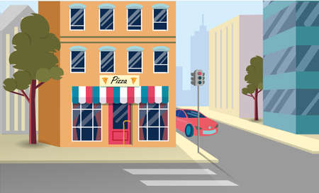Vector Illustration, Modern Metropolis Buildings. On Ground Floor Residential Building is Pizzeria. Building Was Built at Crossroads. Safe Pedestrian Crossing and Traffic Light Installed.のイラスト素材