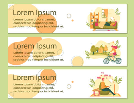 Banner Set with Cartoon People Relaxation. Woman Ride Bicycle. Girl on Couch Read Book. Man with Notebook on Chair Eat Pizza, Chatting Online, Watch Movie. Fun Weekend at Home Indoors Activitiesのイラスト素材