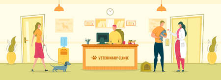 Veterinary Hospital Interior with People Cartoon Characters. Vet Clinic Registrar and Doctor Welcoming Pets Owners. Animals Health Care and Professional Medical Treatment. Flat Vector illustration.のイラスト素材