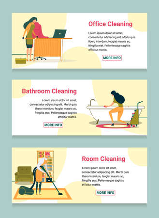 Office, Bathroom, Room Cleaning Service Banners Set Flat Cartoon Vector Illustration. Girl Wiping Dust on Desk or table, Woman Washing Bath with Sponge and Detergents. Character Vacuum Cleaning.のイラスト素材